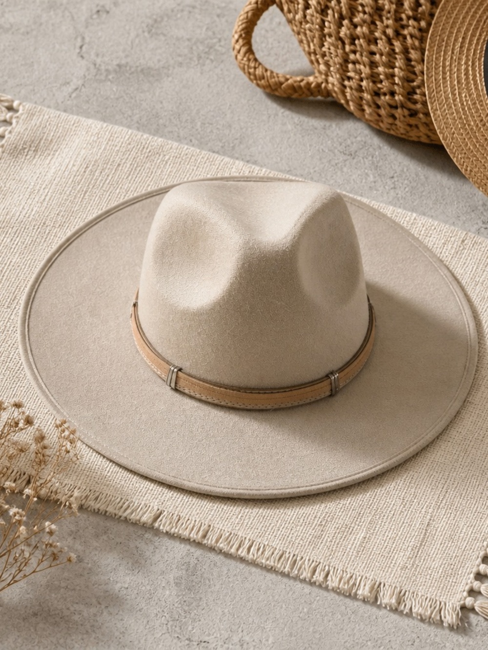 Wide Brim Fedora Hat in Beige with Leather Band